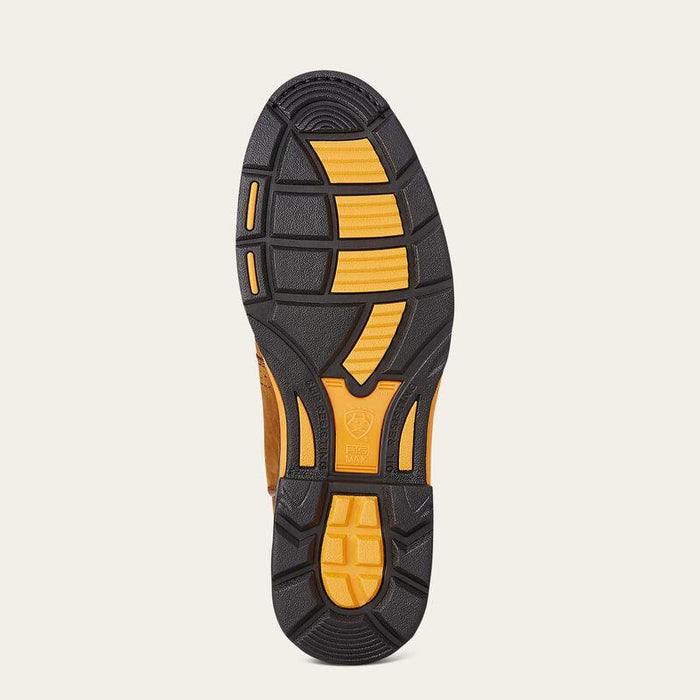 Heat and oil resistant outsole of the Ariat WorkHog pull-on work boot with 90 degree heel