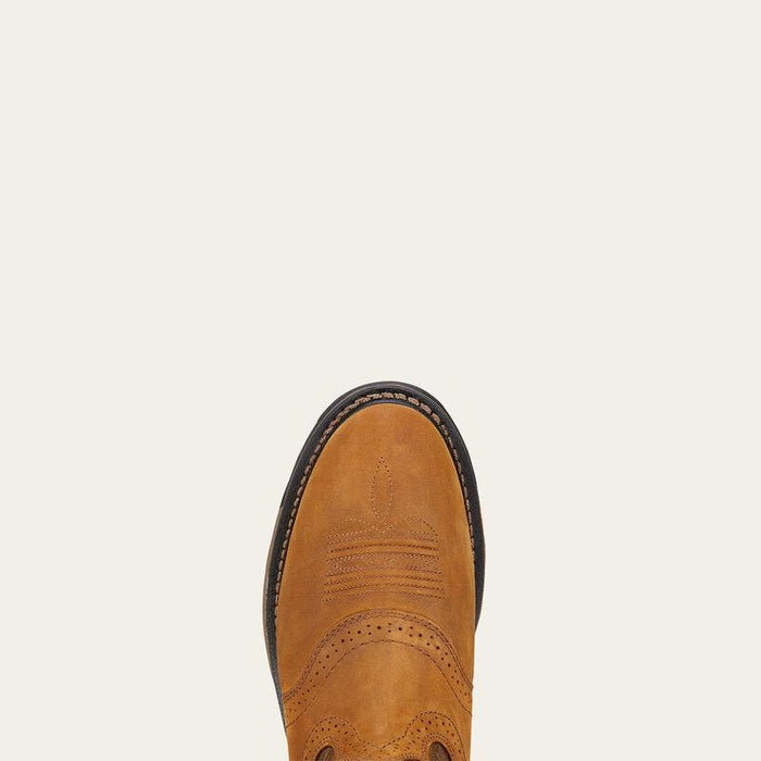 Close-up of the soft toe box on the Ariat WorkHog pull-on work boot in aged bark leather