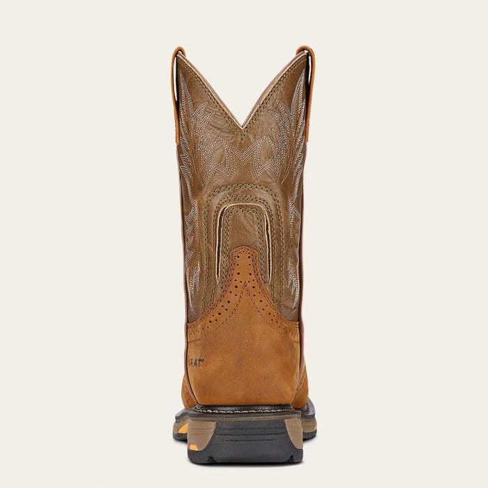 Heel view of the Ariat WorkHog 11-inch aged bark pull-on boot showing the 90 degree heel