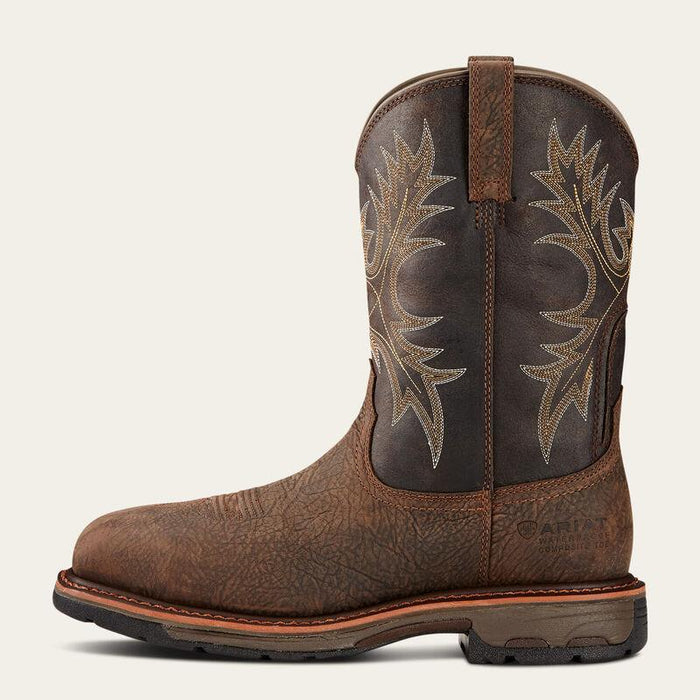 Side profile of the Ariat WorkHog waterproof composite toe pull-on boot in bruin brown leather