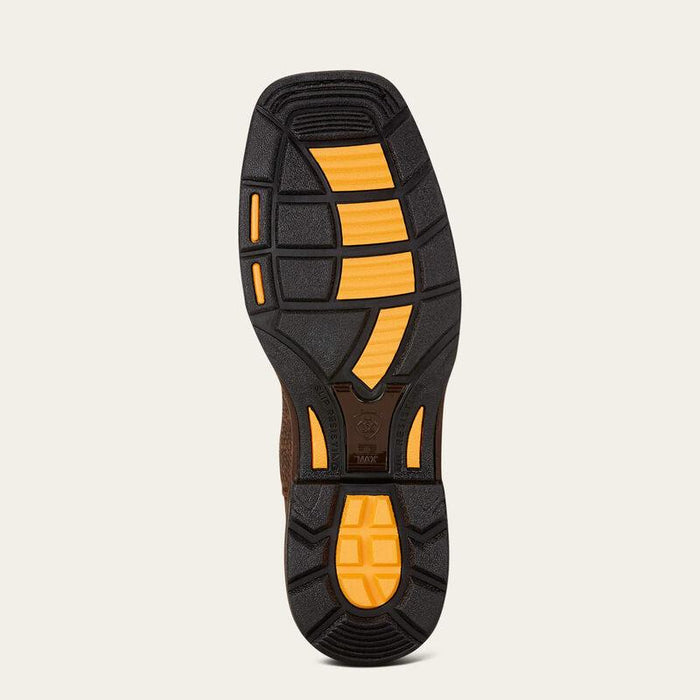 Oil and slip resistant outsole of the Ariat WorkHog composite toe boot with 90 degree heel