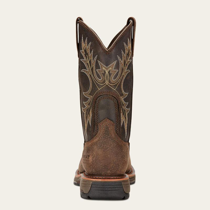 Heel view of the Ariat WorkHog waterproof wellington boot in bruin brown full grain leather