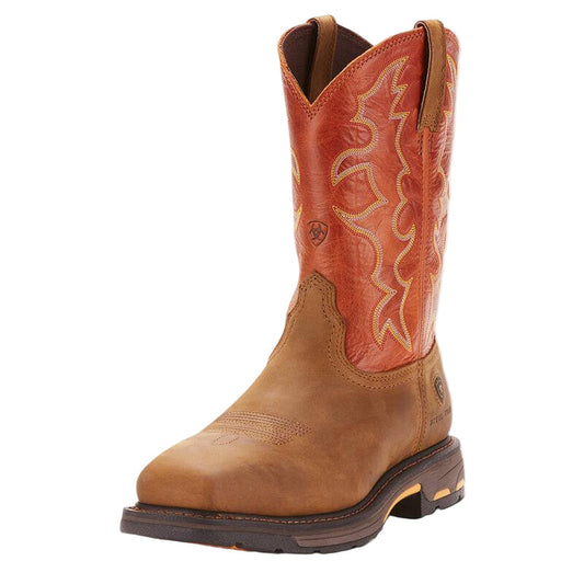 Ariat WorkHog 11-inch wide square steel toe pull-on work boot in dark earth, ASTM safety toe and EH rated