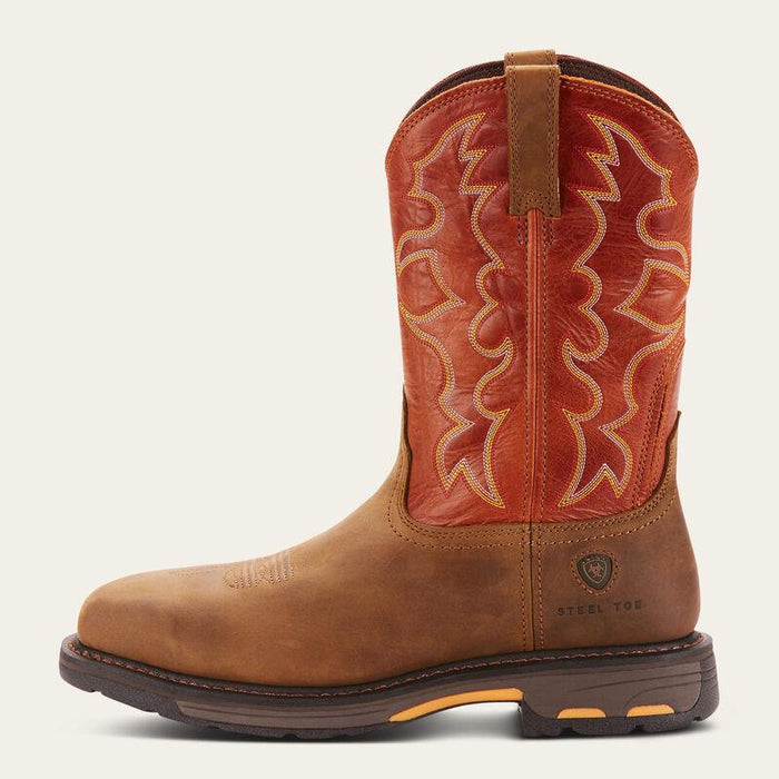 Side profile of the Ariat WorkHog 11-inch full grain leather pull-on work boot in dark earth