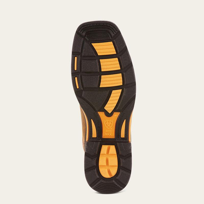 Oil and slip resistant outsole of the Ariat WorkHog steel toe work boot with 90 degree heel