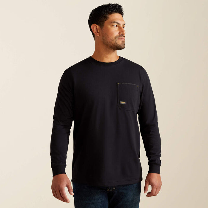 Back view of the Ariat Work Workman Born For This long sleeve t-shirt in black, showing the hard hat and flag beard graphic