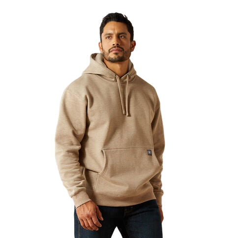Full-length view of the Ariat Work Workman graphic hooded sweatshirt in oatmeal heather