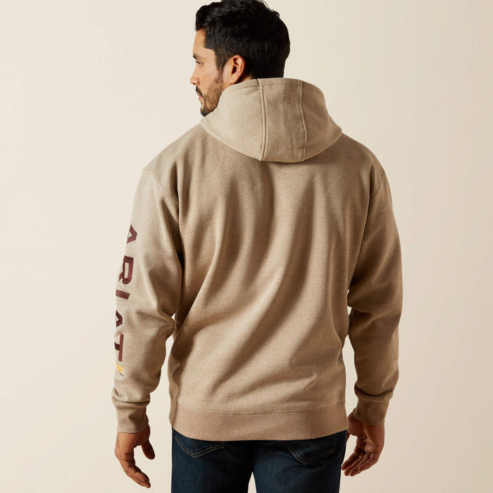 Back view of the Ariat Work Workman graphic hooded sweatshirt in oatmeal heather