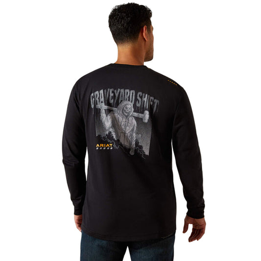 Ariat Work Workman Graveyard long sleeve t-shirt in black, front view, available in big and tall sizes