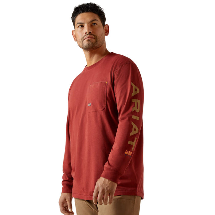 Ariat Work Workman Logo long sleeve t-shirt in russet brown and dijon, front view, available in big and tall sizes