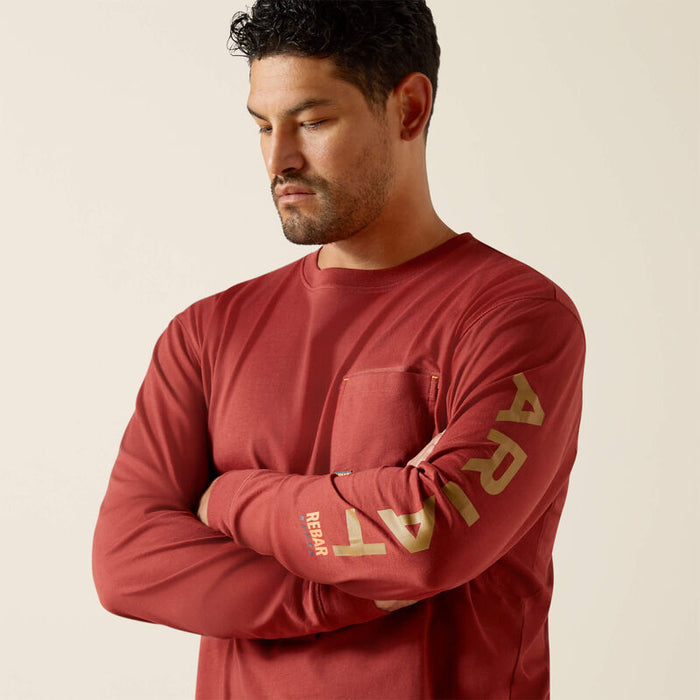 Ariat Work Workman Logo long sleeve t-shirt in russet brown and dijon, detail view
