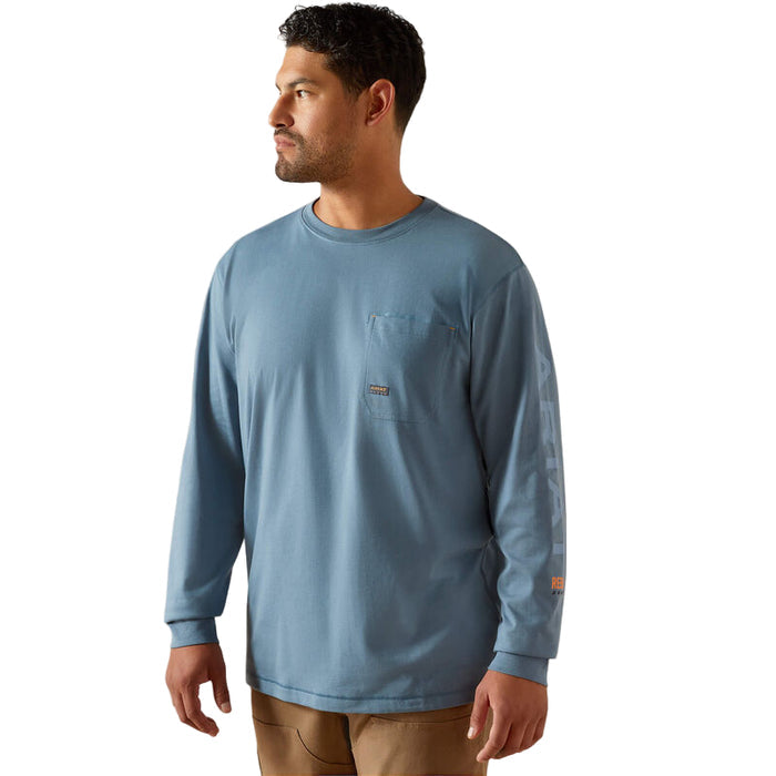 Ariat Work Workman Logo long sleeve t-shirt in bluestone and dusty blue, front view, available in big and tall sizes