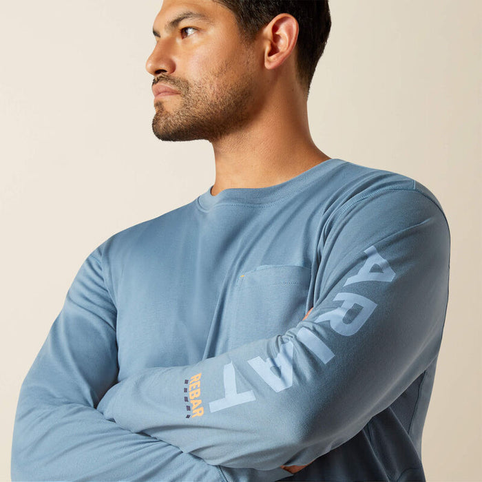 Ariat Work Workman Logo long sleeve t-shirt in bluestone and dusty blue, detail view