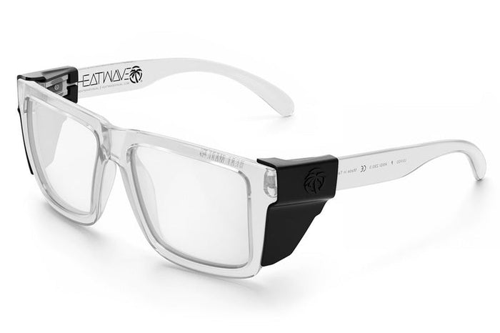 Heat Wave XL Vise Z87 clear glasses shown with black temple arms, angled view