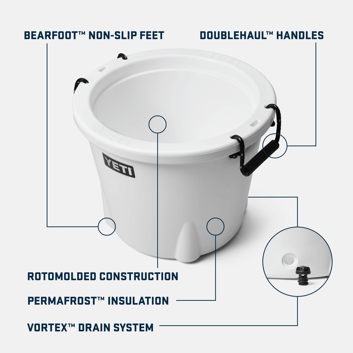 Specifications panel for the YETI Tank 45 ice bucket listing capacity and dimensions