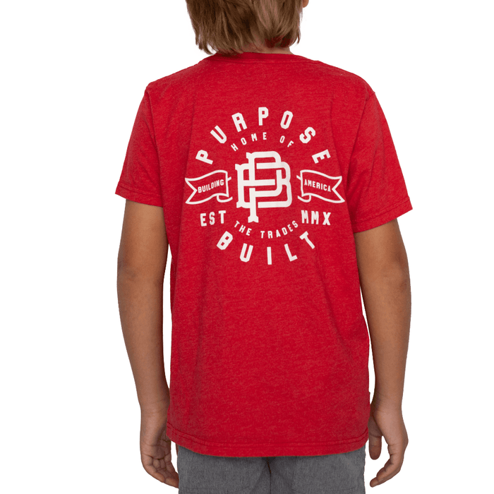 Purpose-Built youth Anthem tee in red, back view of the print