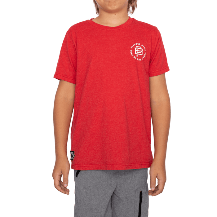 Purpose-Built youth Anthem tee in red, front view of the graphic