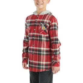 Carhartt youth boys long sleeve flannel button front hooded shirt in chili pepper