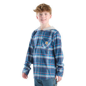 Carhartt youth boys long-sleeve flannel button-front hooded shirt in dark denim