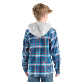 Carhartt youth boys hooded flannel shirt in dark denim, alternate product view