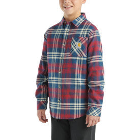 Carhartt youth boys long sleeve flannel button front shirt in dark denim