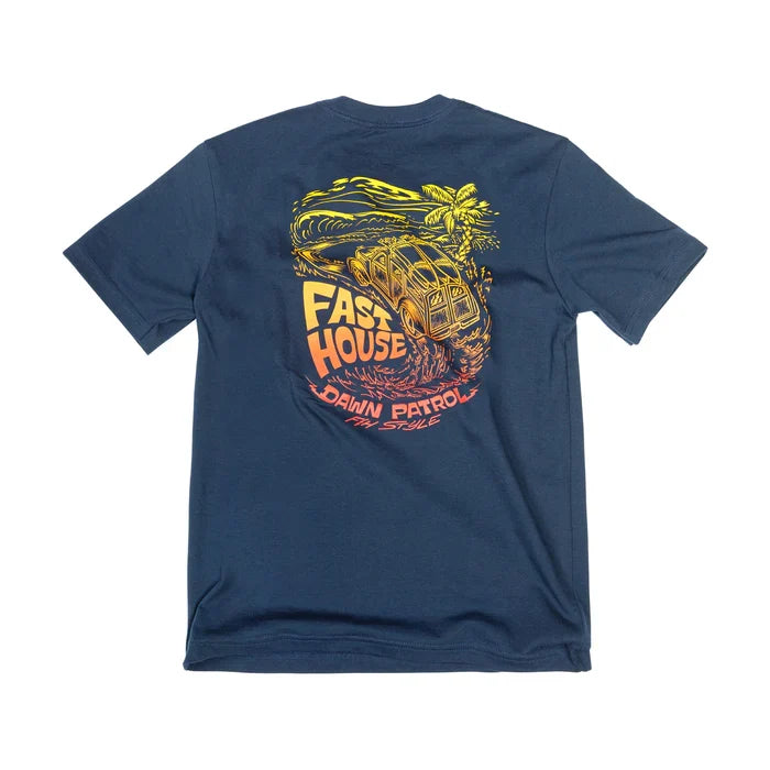 Fasthouse youth Explorer short sleeve tee in midnight navy, back view of the print