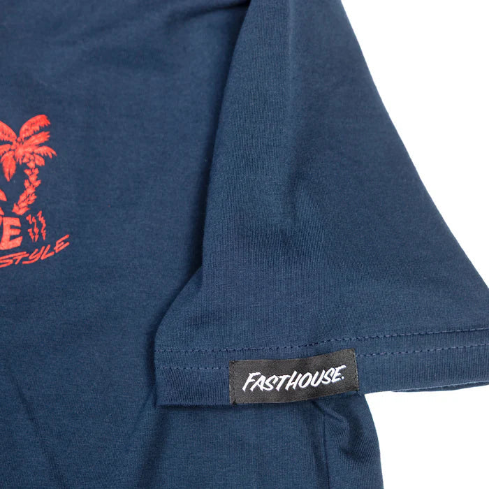 Fasthouse youth Explorer tee in midnight navy, close-up detail of the graphic