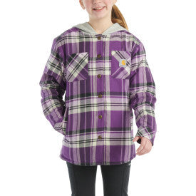 Carhartt youth girls long sleeve flannel snap front hooded shirt jacket in majesty