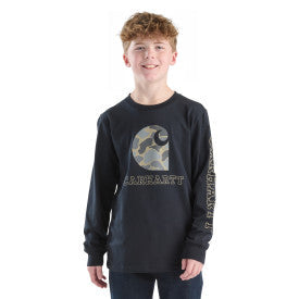 Carhartt youth long-sleeve camo C logo t-shirt in caviar black