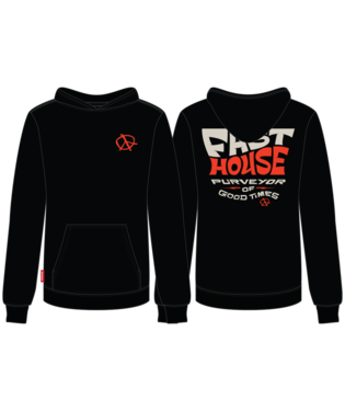 Fasthouse youth Utopia hooded pullover in black, detail of the hood and print