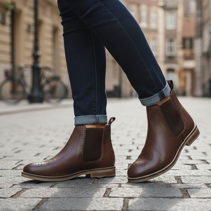 Zoey Leather Brogue Boots- Brown