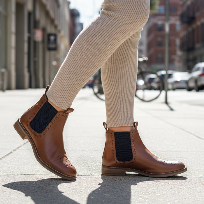 Zoey Leather Brogue Boots- Tan